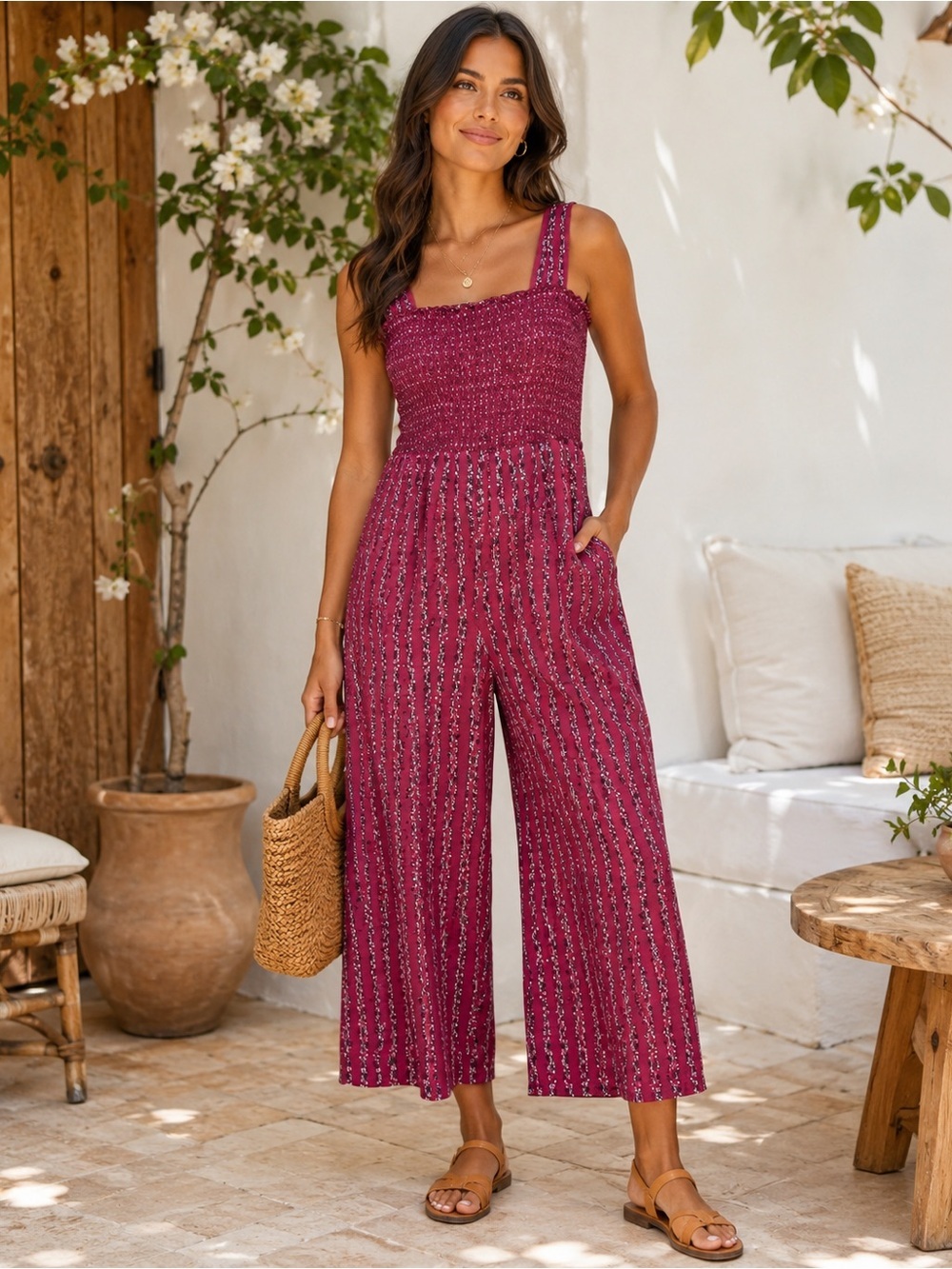 LOFT Floral Smocked Wide Leg Jumpsuit Burgundy Rayon Boho Size Small
